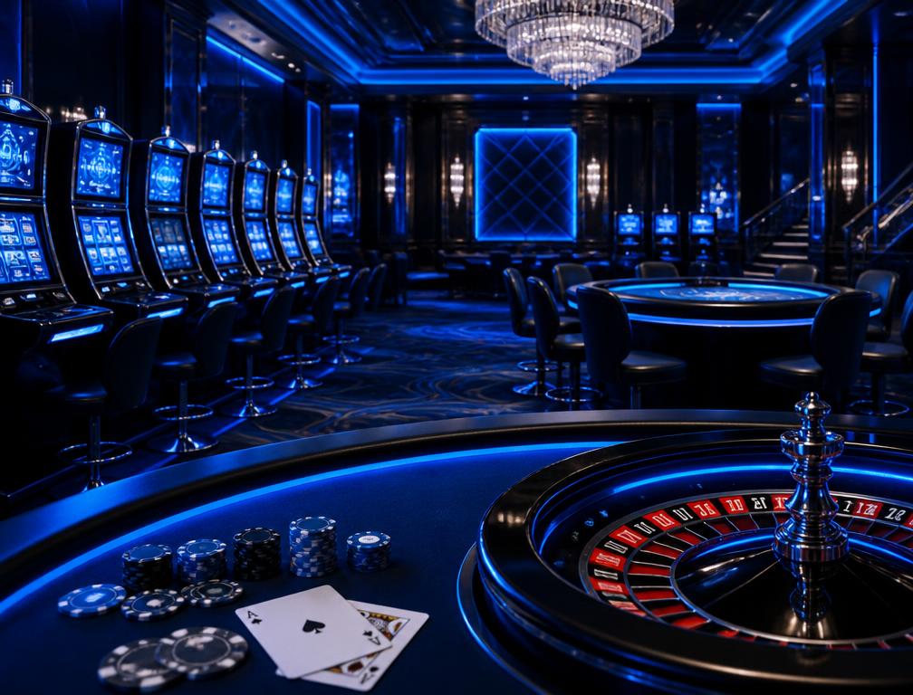 Online casino floor with slot machines and a roulette table