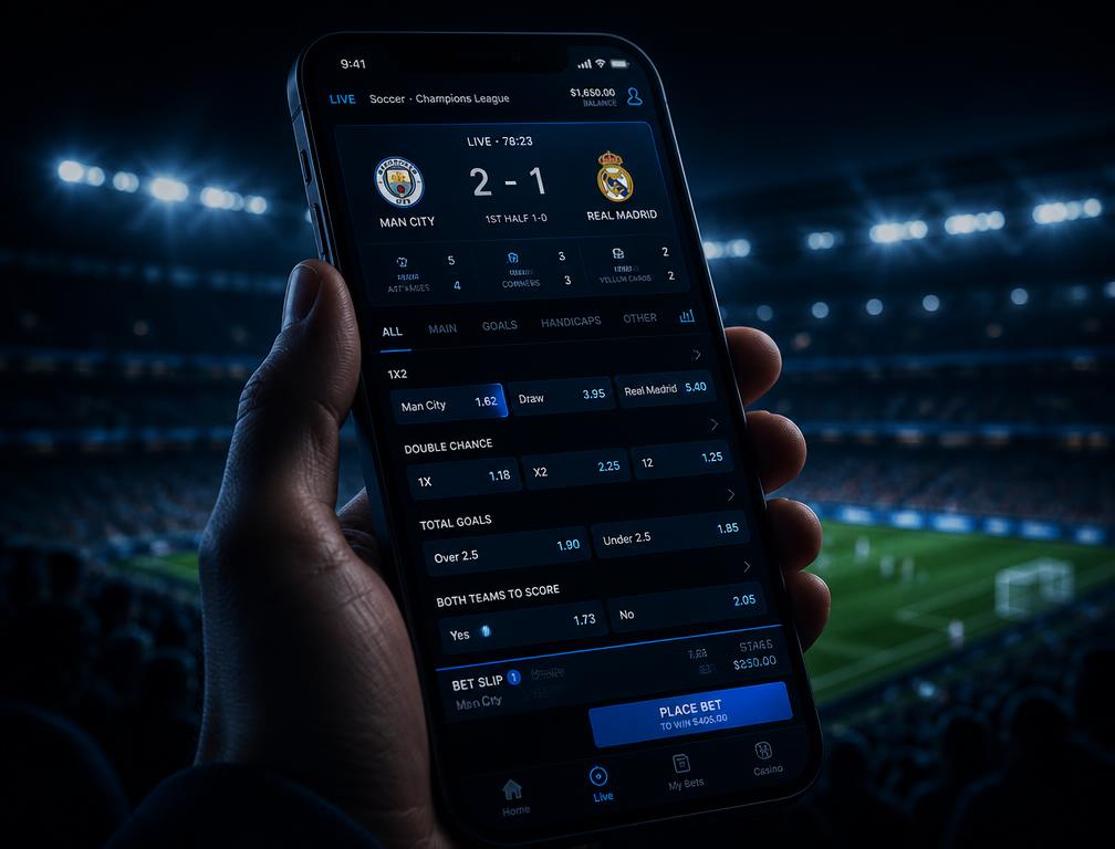 Phone showing a live in-play betting board with moving odds