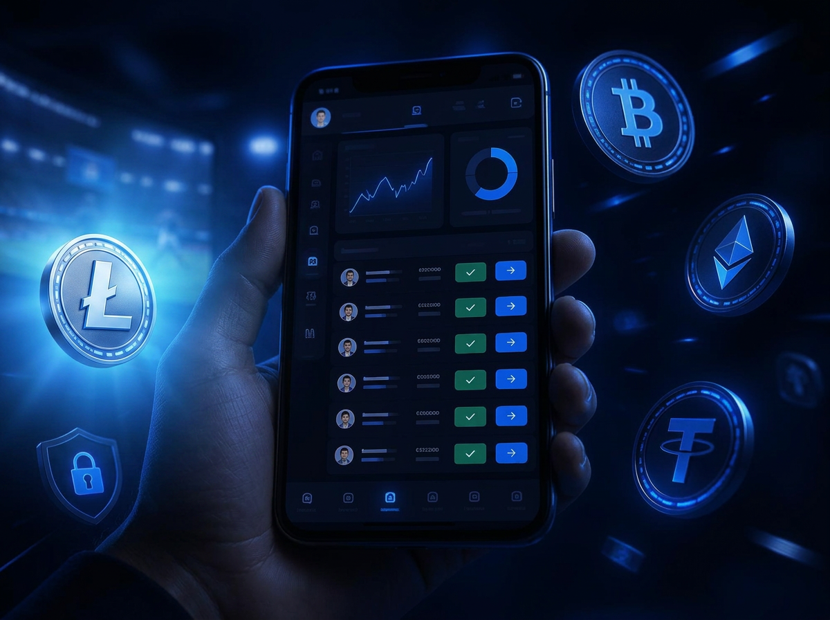 Crypto-only cashier on a phone with Bitcoin, Ethereum, Litecoin and Tether coins for player deposits