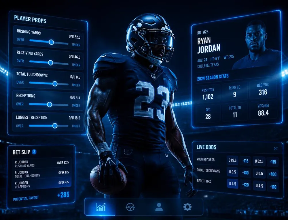 Prop Builder interface with player stat sliders and a bet slip