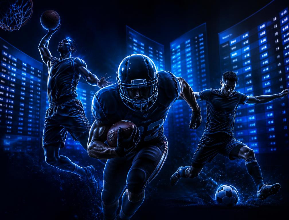 Football, basketball and soccer players in action in front of a glowing odds board