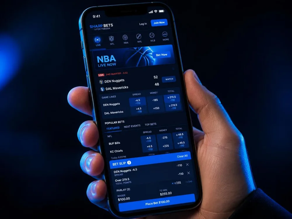Two phones showing a live betting card and a parlay slip