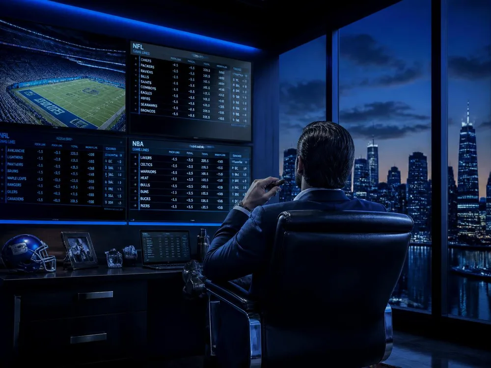 Agent in a private office watching live sports pricing screens at dusk